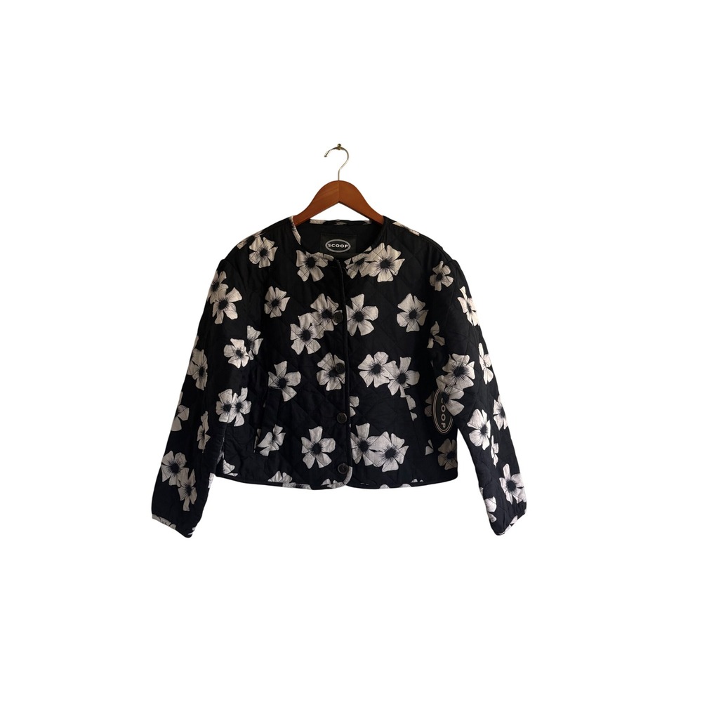 Scoop Women Black White Floral Quilted Puff Sleeve Jacket Small NWT